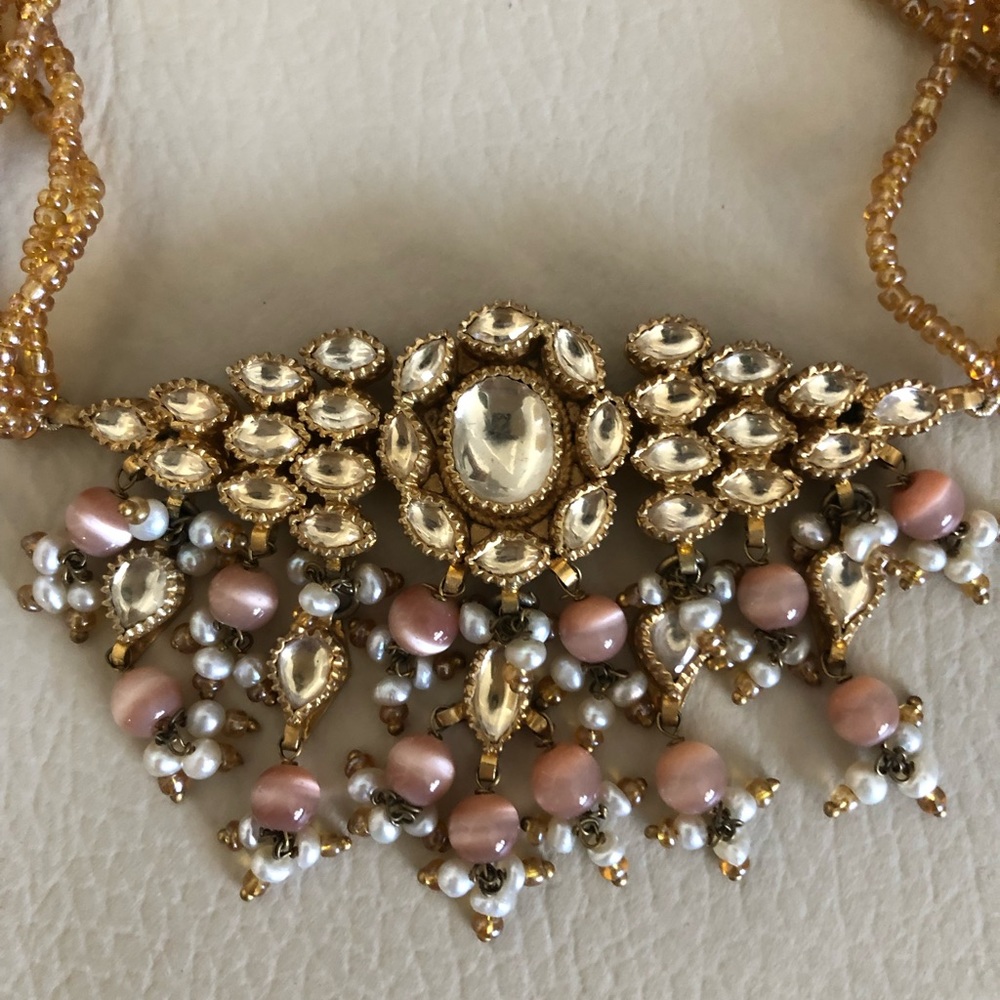 Vintage Costume Jewelry Choker Set in dusty pink and golden strands of beads.